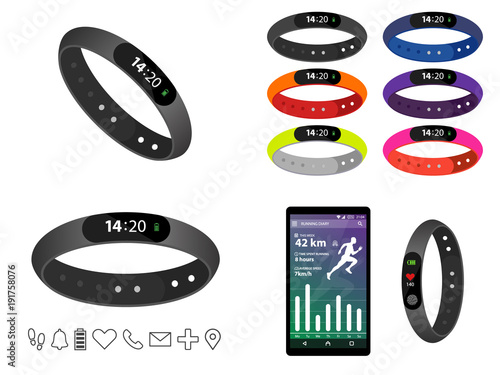 Smart Band Fitness band mobile app run tracker vector illustration. wristband with running activity steps counter and heartbeat pulse meter