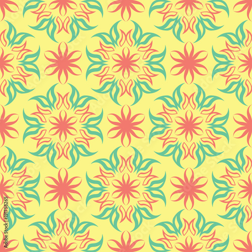 Floral seamless pattern. Bright colored background with pink and green flower elements