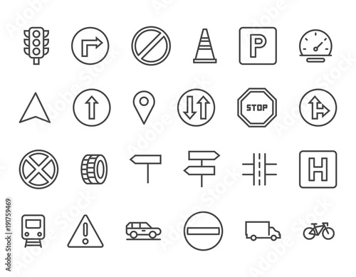 Set of Car Features Related Vector Line Icons. Traffic signs. Editable Stroke. 48x48 Pixel Perfect.