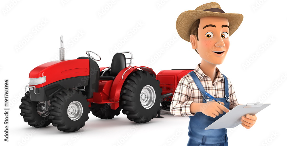 Fototapeta premium 3d farmer with notepad in front of tractor