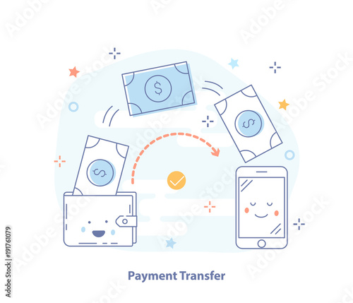 Flat line vector icon concept set: people sending and receiving money, payments using smartphone