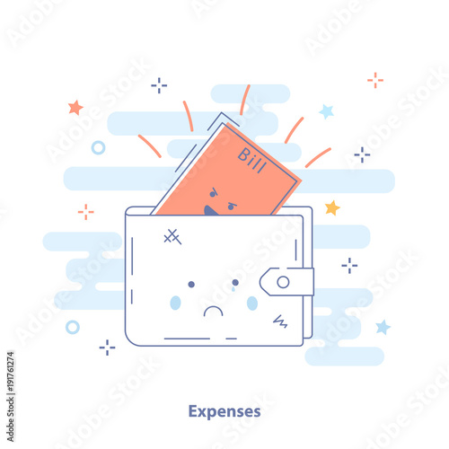 Expenses, costs or bill payment icon concept. Sad wallet with bills. Cute premium quality vector illustration for Website Element, Mobile websites, Apps.