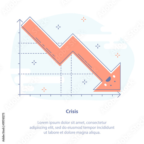 Flat line icon concept of crisis, slump or drop in sales. Upset falling down graph. Isolated vector illustration