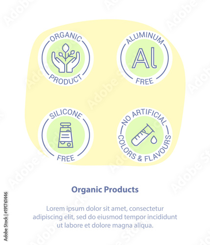 Concept of Healthy Products. Organic, Aluminum Free, Silicone Free and No Artificial Colors and Flavors. Healthy food badges, tags set for cafe, restaurants, products packaging.