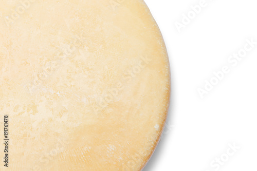 Whole round Head of parmesan or parmigiano hard cheese on white background