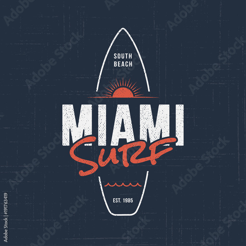 Miami Florida surf. T-shirt and apparel vector design, typography, print, logo, label, poster.