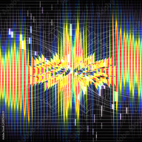 Bright vertical lines of spectral rainbow color on dark background. Neural network, matrix. Glowing lines. Futuristic design. Perturbation of space. Mesh distortion. Explosion lights. Illustration