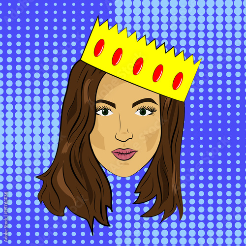 pop art girl with dark hair calm face with crown, vector