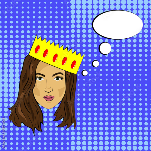 pop art girl with dark hair calm face with a crown of bubbles, vector