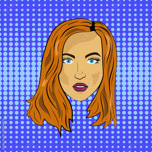 pop art girl with red hair calm face, vector