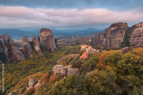 Calm cloudy panorama of Meteora at idyllic sunrise