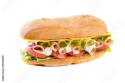 sandwich with ham and vegetables isolated on white background