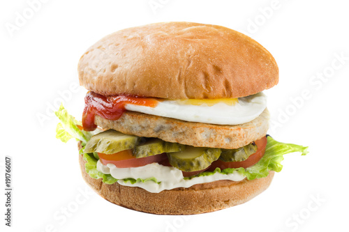 Chiken burger with egg isolated on a white background
