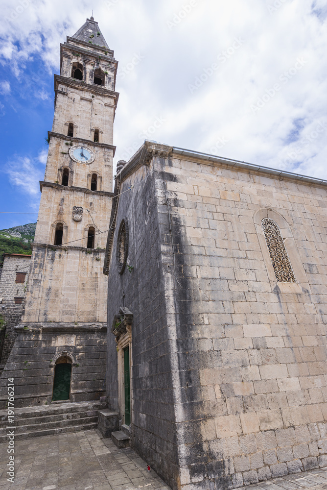 St Nicholas church tower in Perast, old town on the Kotor Bay coast, Montenegro
