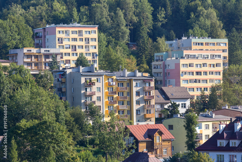 Apartment buildings in small town in valley