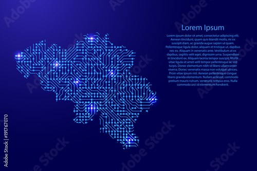 Map Belgium from printed board, chip and radio component with blue star space on the contour for banner, poster, greeting card, of vector illustration.