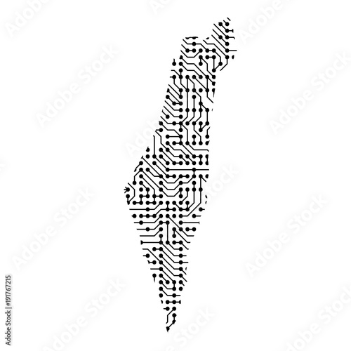 Abstract schematic map of Israel from the black printed board, chip and radio component of vector illustration