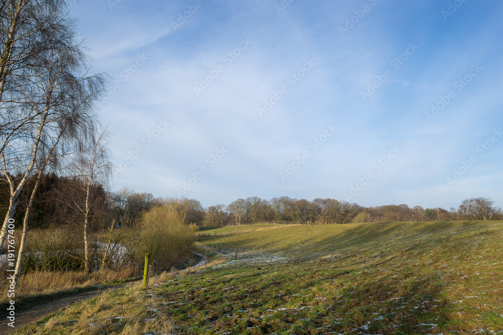 Grass pastures with foot path to the left and forest in the background in winter with a little snow on the ground Grass pastures with foot path to the left and forest in the background in winter with a little snow on the ground