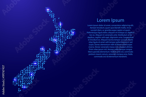 Map New Zealand from printed board, chip and radio component with blue star space on the contour for banner, poster, greeting card, of vector illustration.