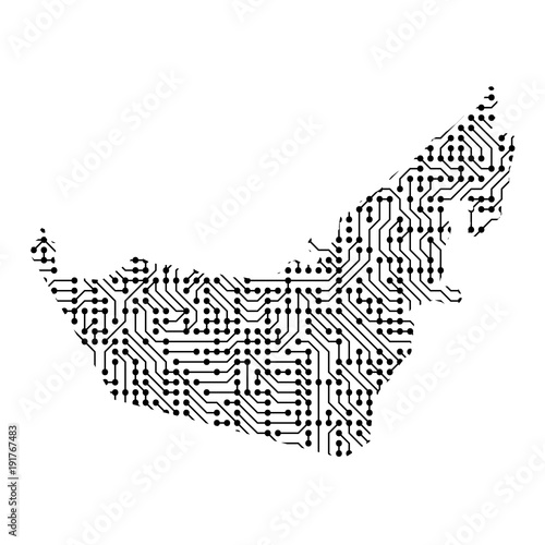 Abstract schematic map of United Arab Emirates from the black printed board, chip and radio component of vector illustration