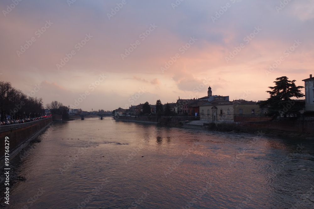 Sunset on Navi Bridge in Verona city, Italy