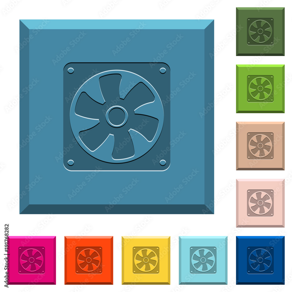 Computer fan engraved icons on edged square buttons Computer fan engraved icons on edged square buttons