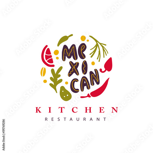 Vector hand drawn mexican food restaurant logo with vegetables, spice and lettering isolated on white textured background. Flat food icon. National cookery. Fast food logotype design.