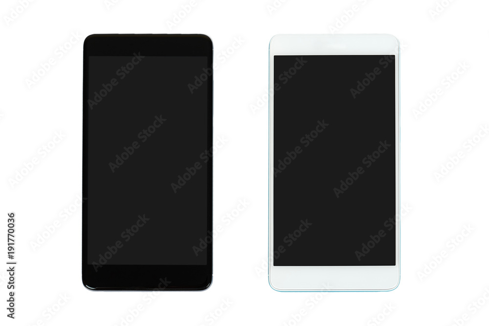 Black and white mobile phones with dark screens, isolated on white background. Advertise template, copy space Black and white mobile phones with dark screens, isolated on white background. Advertise template, copy space