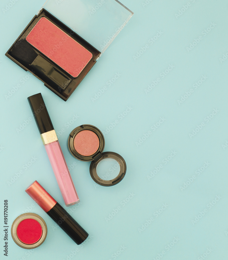 Beauty flat lay with woman make up products and accessories in pink color, top view Beauty flat lay with woman make up products and accessories in pink color, top view
