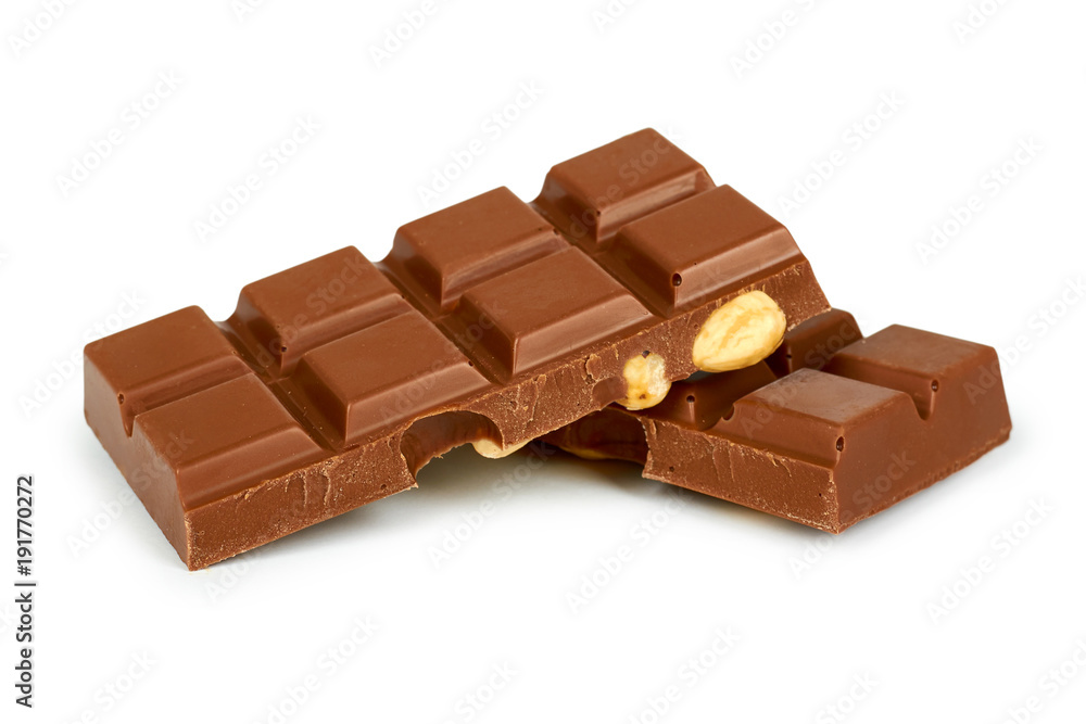 Homemade chocolate bar with whole nuts. Isolated on white background Homemade chocolate bar with whole nuts. Isolated on white background