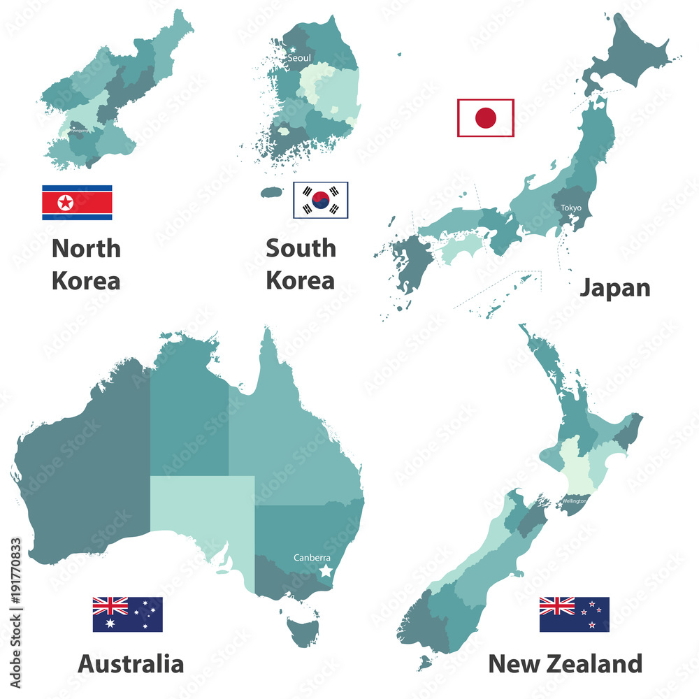 Japan, North Korea, South Korea, Australia and New Zealand with