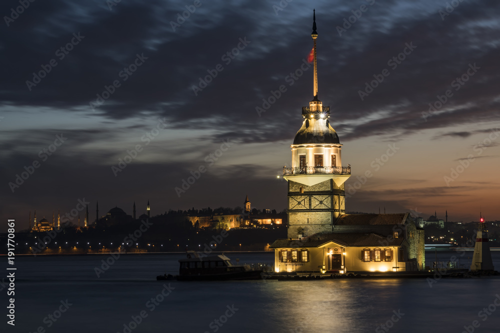 Maiden Tower (Tower of Leandros, Turkish: Kiz Kulesi) tranquil scenery at the entrance to Bosporus Strait in Istanbul, Turkey (KIZ KULESI – SALACAK-USKUDAR) Maiden Tower (Tower of Leandros, Turkish: Kiz Kulesi) tranquil scenery at the entrance to Bosporus Strait in Istanbul, Turkey (KIZ KULESI – SALACAK-USKUDAR)