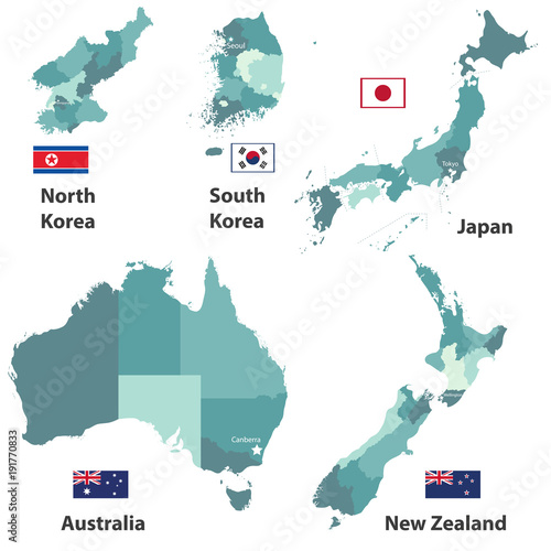 Japan, North Korea, South Korea, Australia and New Zealand with administrative divisions (regions borders) vector maps and flags