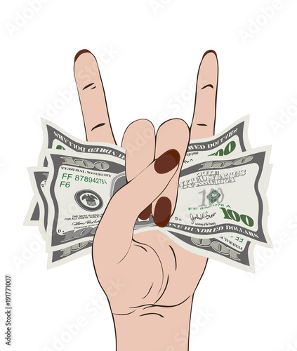 Rock-n-roll hand gesture with clutched currency USA.