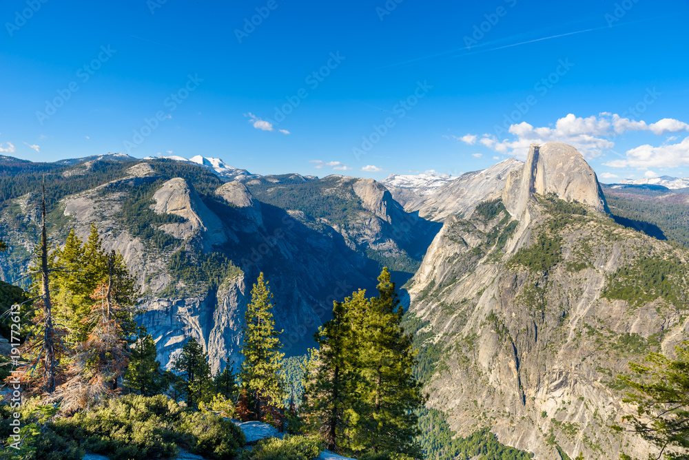 Half Dome rock and Valley from Glacier Point - Panorama View Point at Yosemite National Park in the Sierra Nevada, California, USA