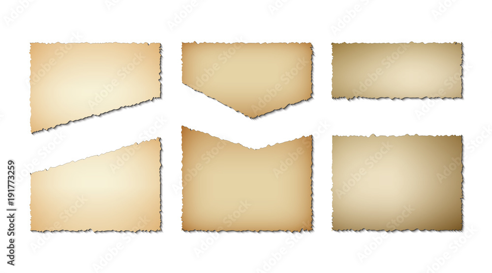 Set of old paper torn edges. Grunge texture of old paper on white background. Vector illustration.
