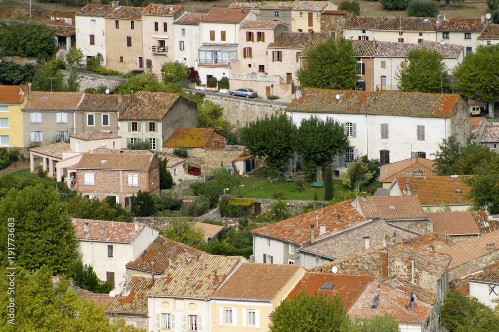 Colourful old rooftops of St Chinian, Languedoc-Roussillon, France, Europe