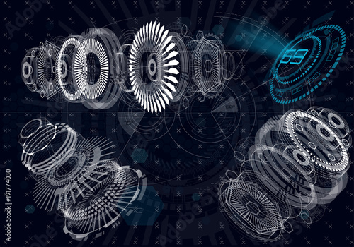 Mechanical diagram, vector drawing with circles and geometric parts of the mechanism. engine, future engineering, HUD, elements interface Ui