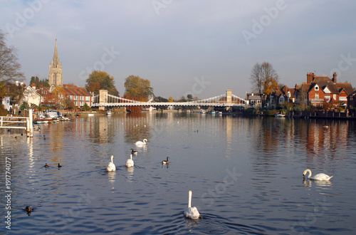 England, Chilterns, Buckinghamshire, Marlow, the church and historic suspension bridge over the River Thames photo
