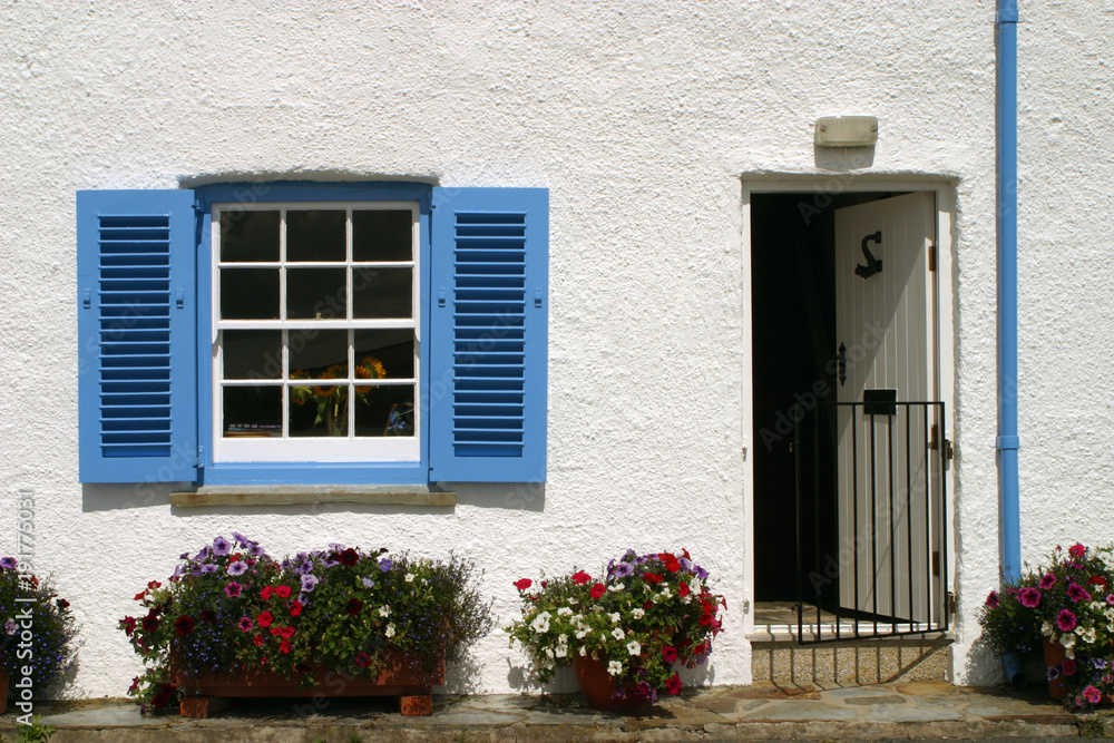 England, Cornwall, St Mawes, Blue and white cornish seaside cottage