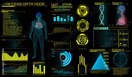 Modern medical examination in HUD style design. Ultrasound and cardiogram. Futuristic Medical Interface, virtual graphic touch UI with illustration of Heart Scan, Human Body and Electrocardiogram.