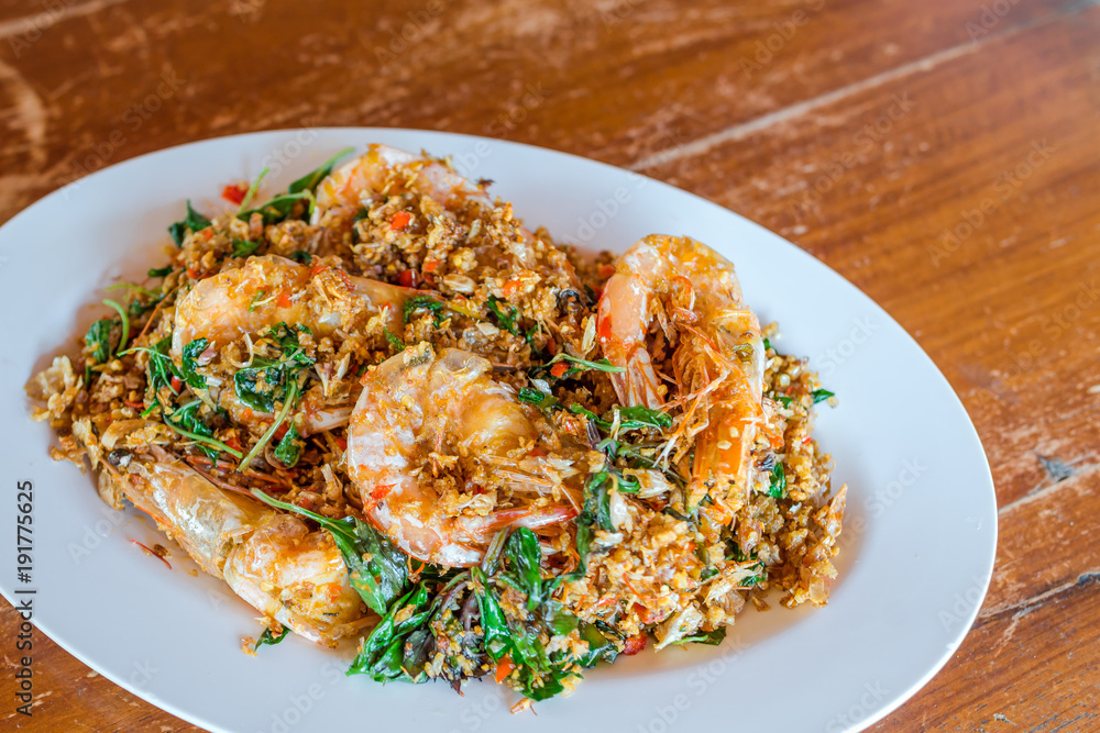 Shrimp fried hot pepper with garlic and delicious cuisine of Thailand.