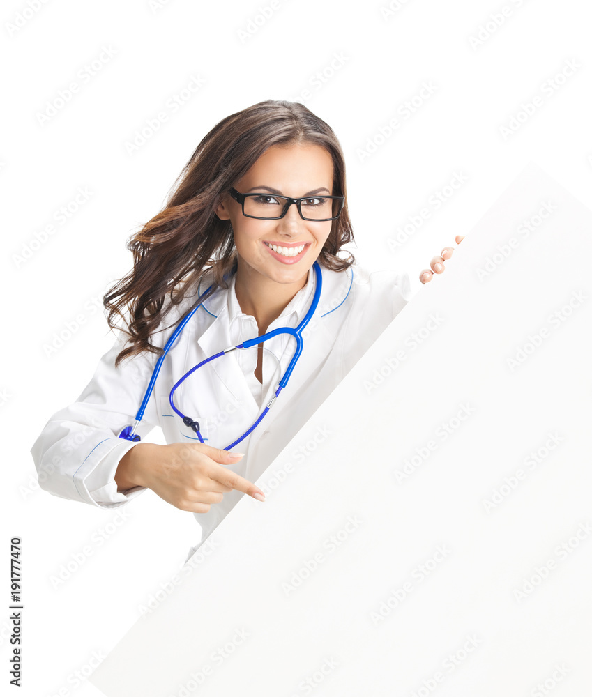 Doctor showing blank signboard, isolated Doctor showing blank signboard, isolated