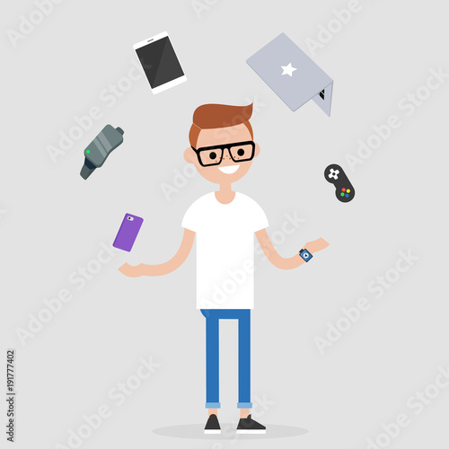 Young millennial character juggling the electronic devices: mobile phone, virtual reality glasses, tablet, laptop and game controller. Multitasking / editable flat vector illustration
