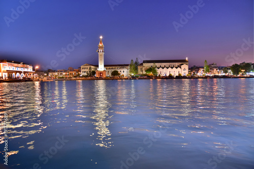 Church and harbor of Zakynthos (Greece) at night