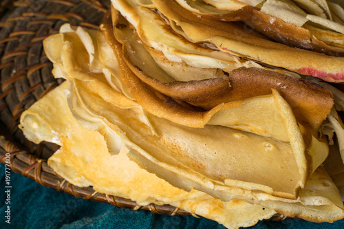 delicious big pancakes on tray photo