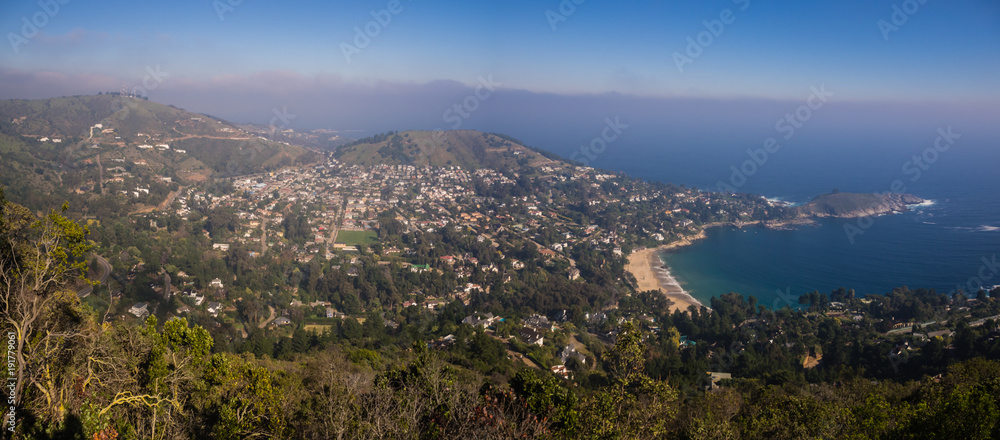 Panoramic of the coast town of Zapallar in Chile. Landscape of the coast and beach in zapallar