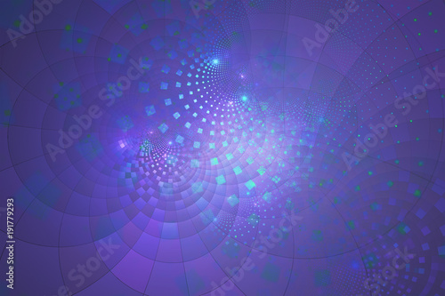 Abstract fractal with curving squares, in cyan and shades of purple