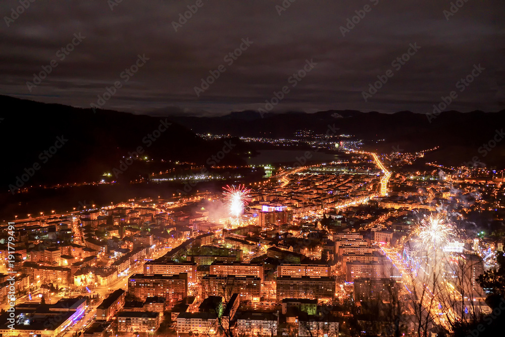 Night city scene, up view, Piatra Neamt in Romania