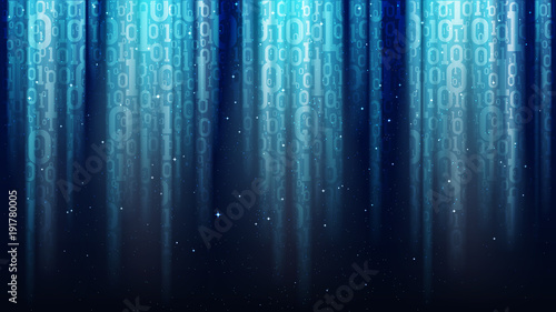 Dark blue background with light rays, translucent binary code, sequins, shining night starry sky, under water